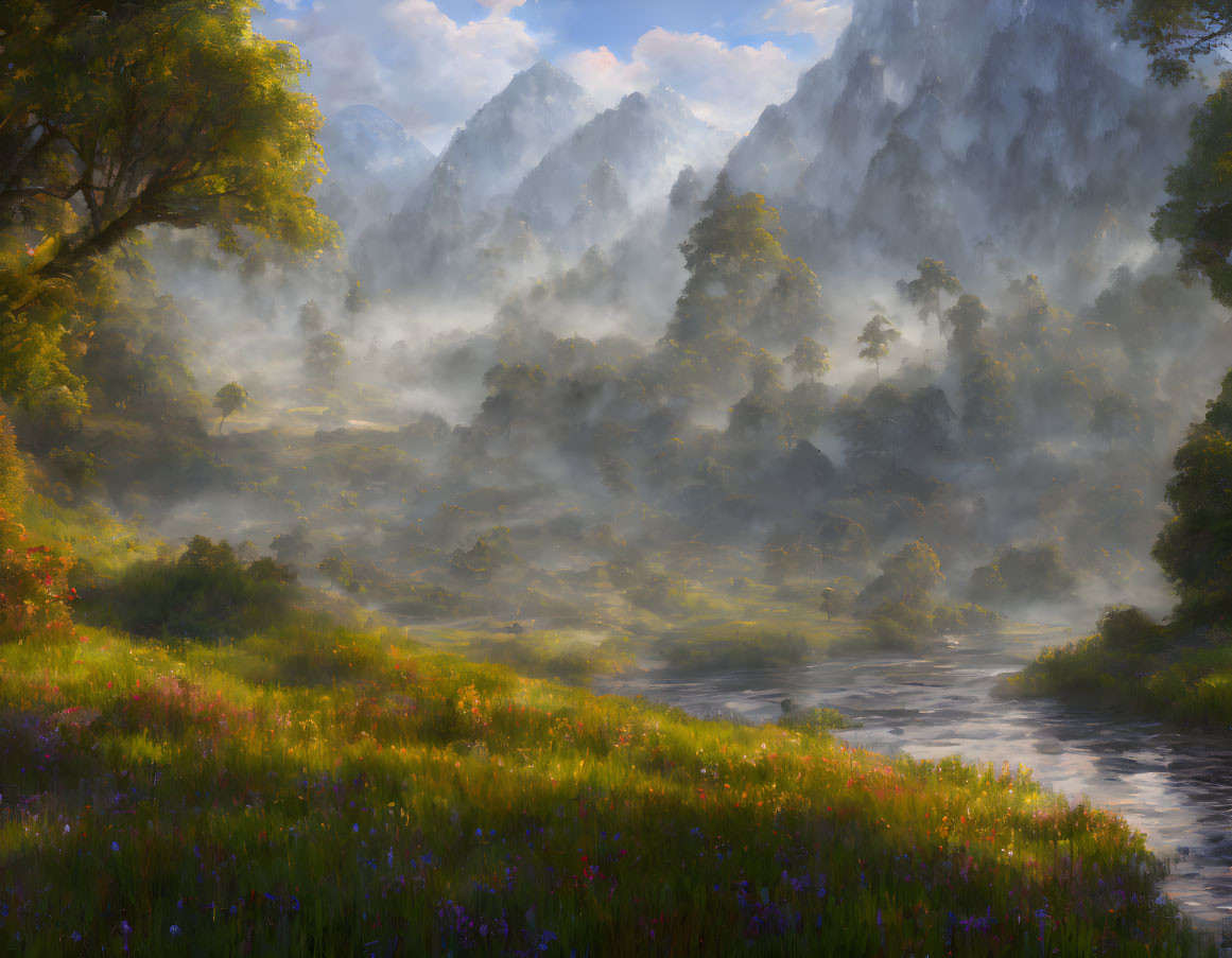 Tranquil landscape: meadow, wildflowers, river, forests, mountains