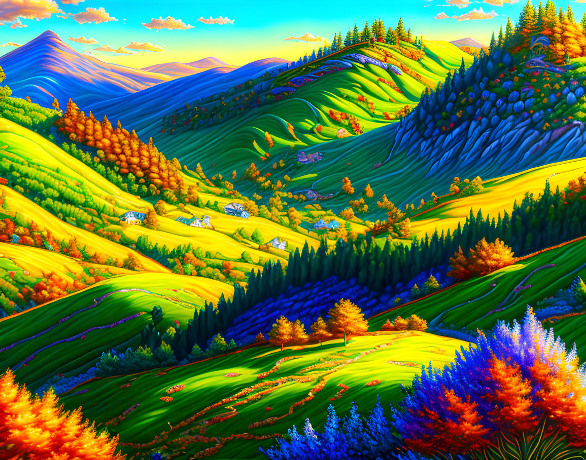 Colorful Foliage and Houses on Vibrant Rolling Hills under Clear Sky