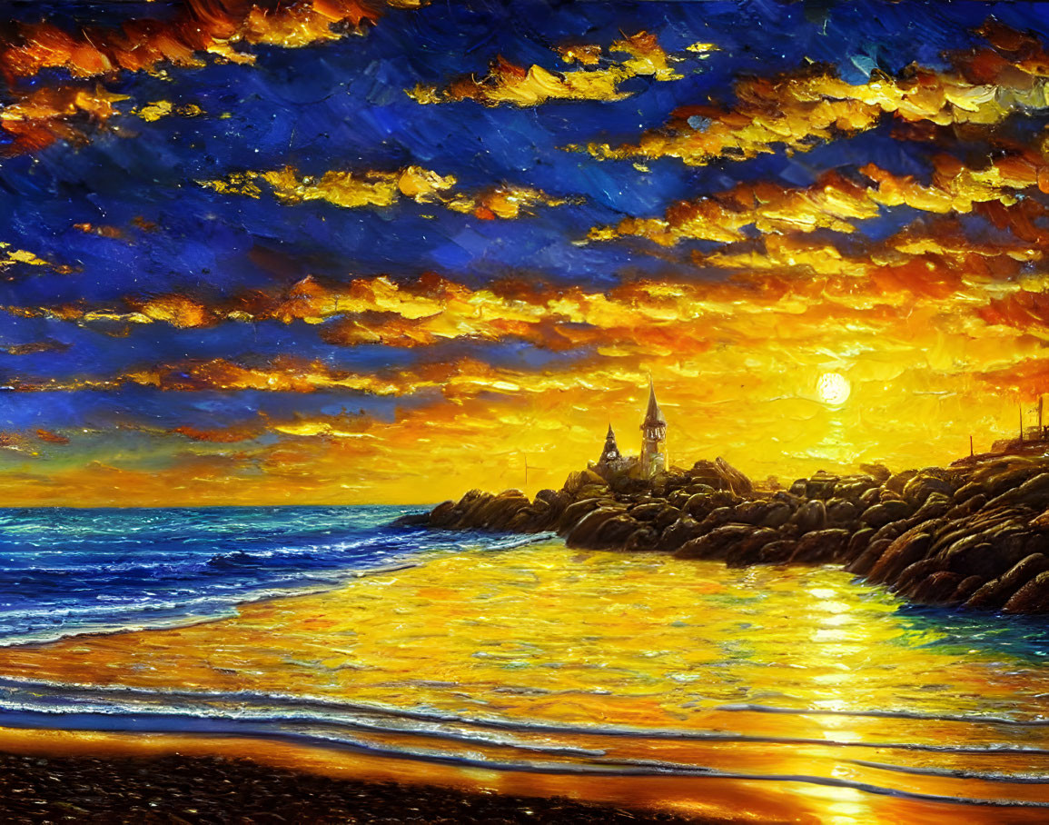 Seaside Sunset Painting with Castle, Moonrise, and Vibrant Colors