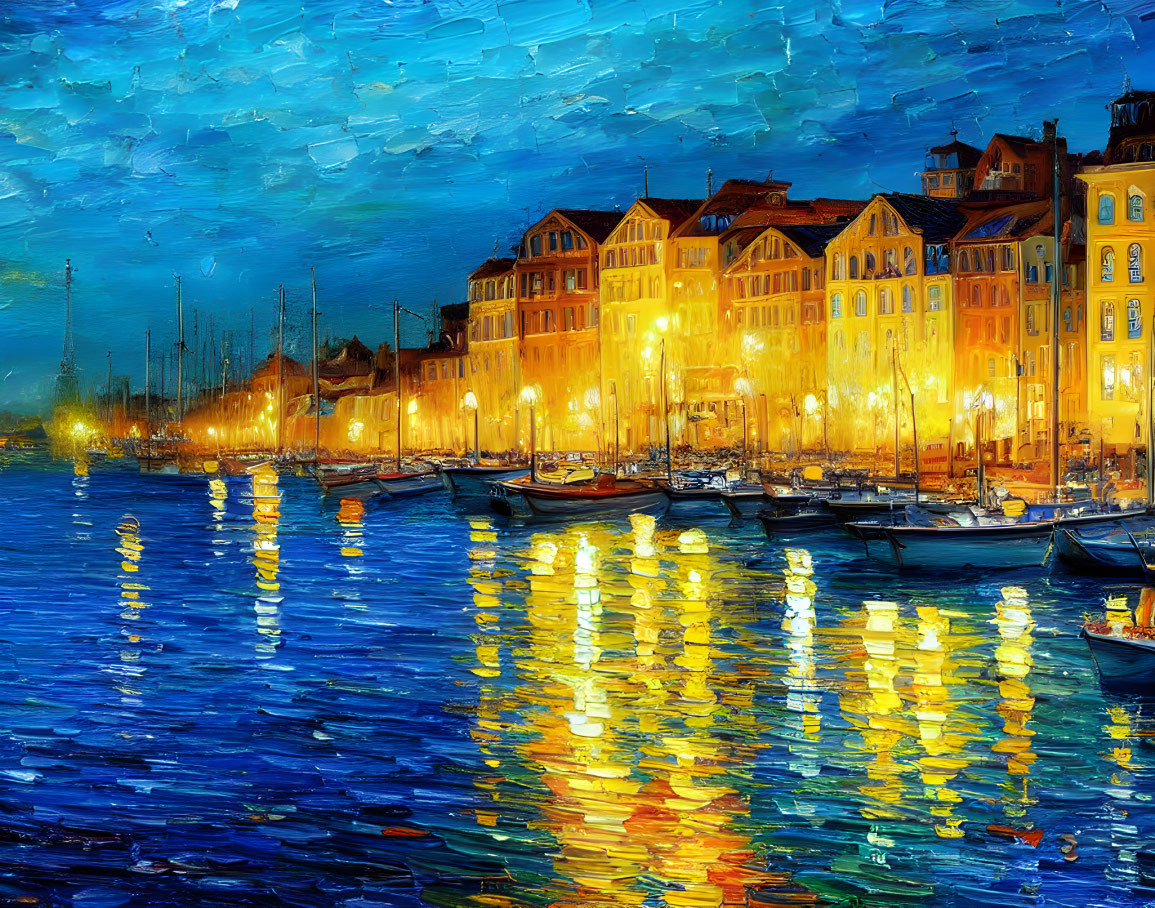 Vibrant Harbor Twilight Scene with Illuminated Buildings and Docked Boats