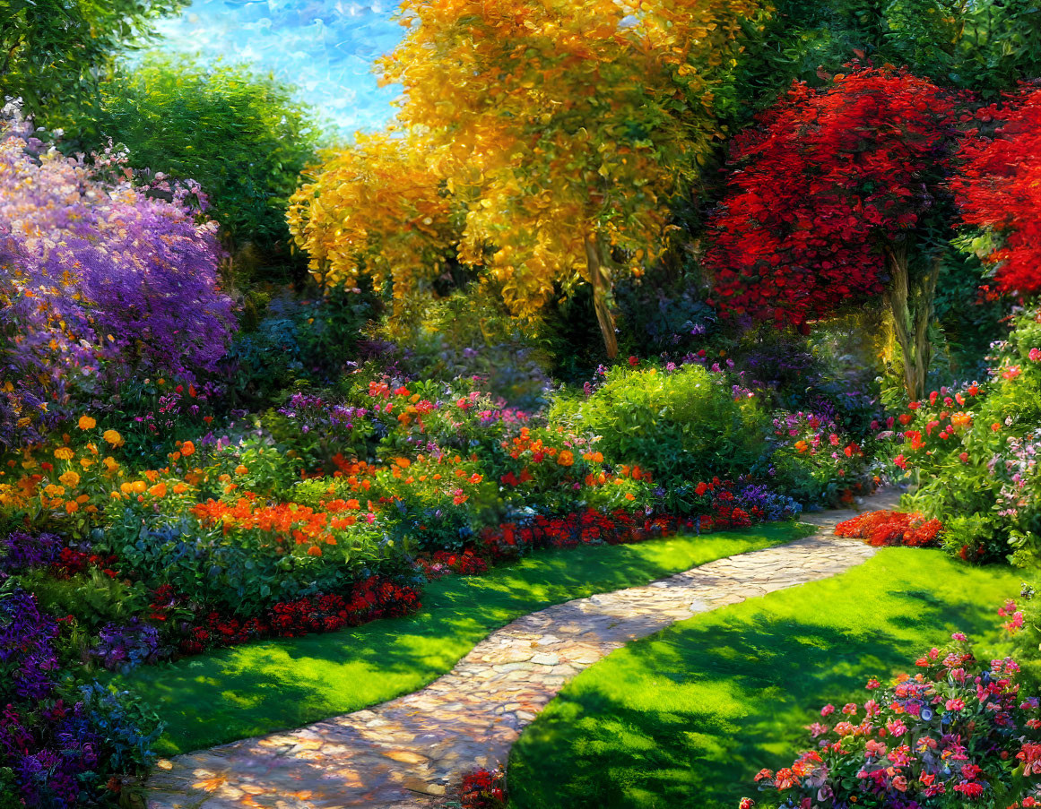 Colorful Flower Garden Path Under Bright Sunlight