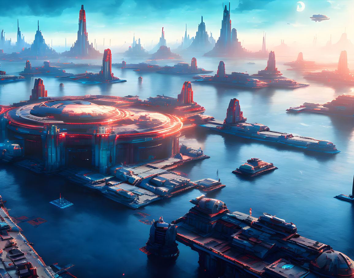 Futuristic cityscape with skyscrapers, glowing lights, and waterways