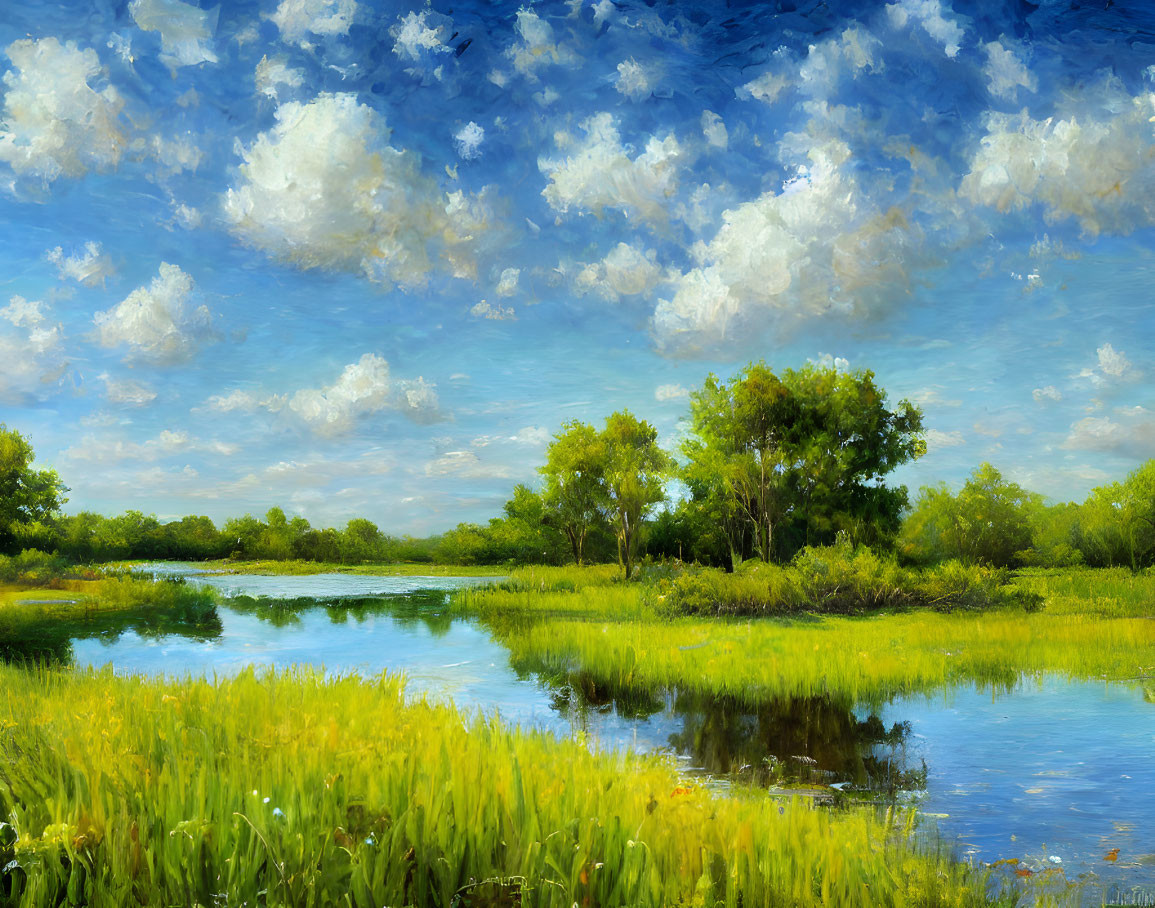 Tranquil landscape painting: serene blue sky, fluffy clouds, lush greenery, calm lake