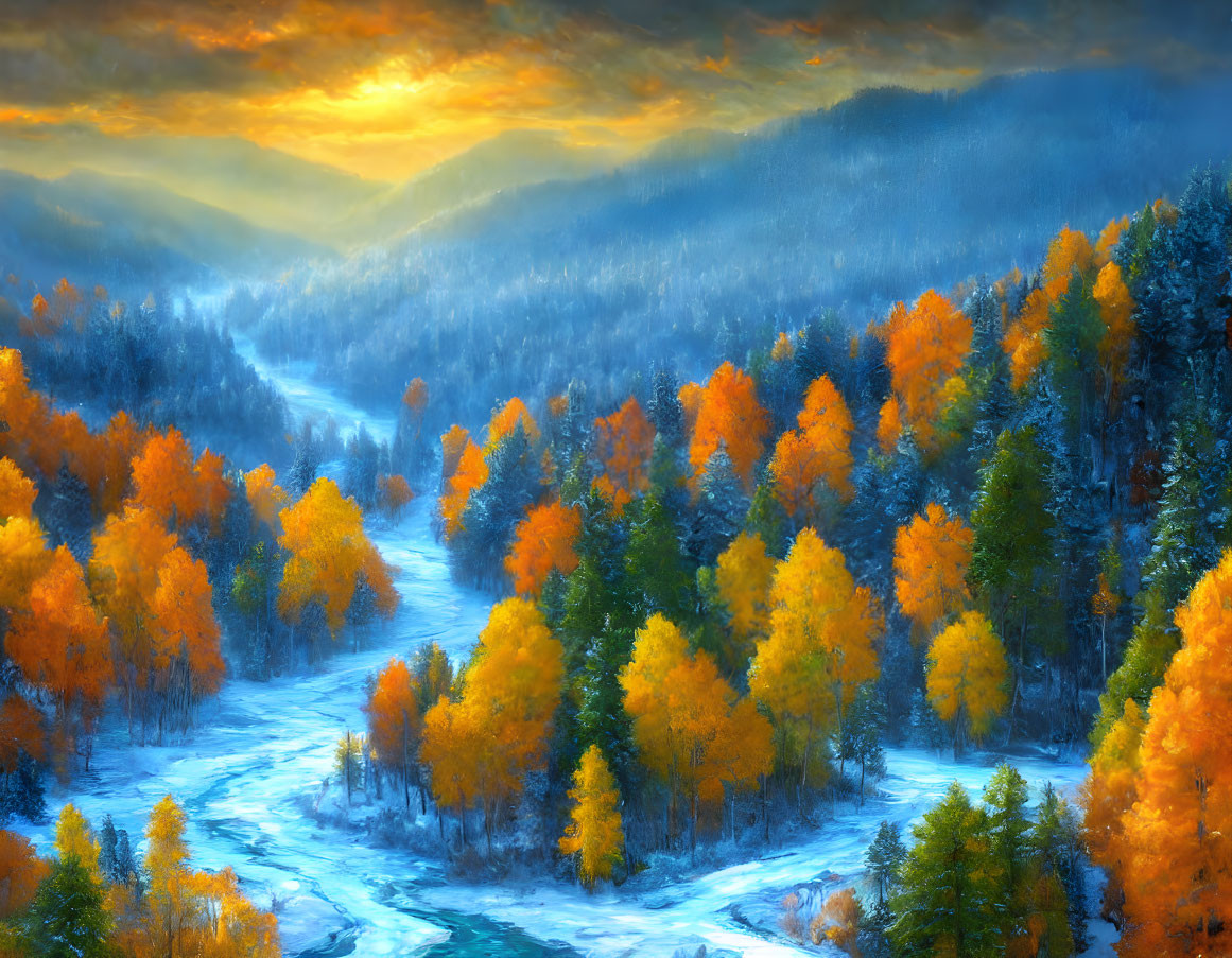 Colorful Autumn Forest with River and Sunset Sky