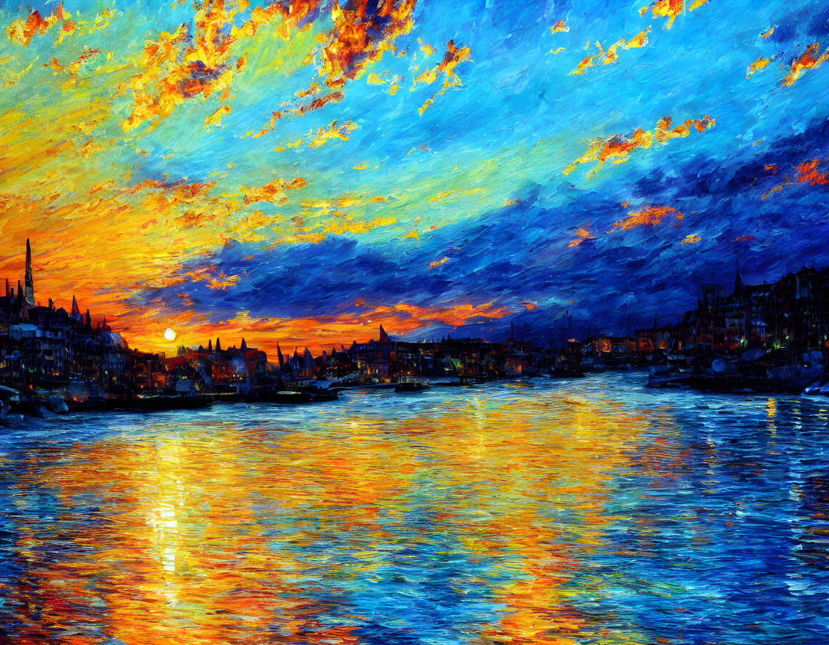 Impressionistic sunset painting over cityscape with warm colors