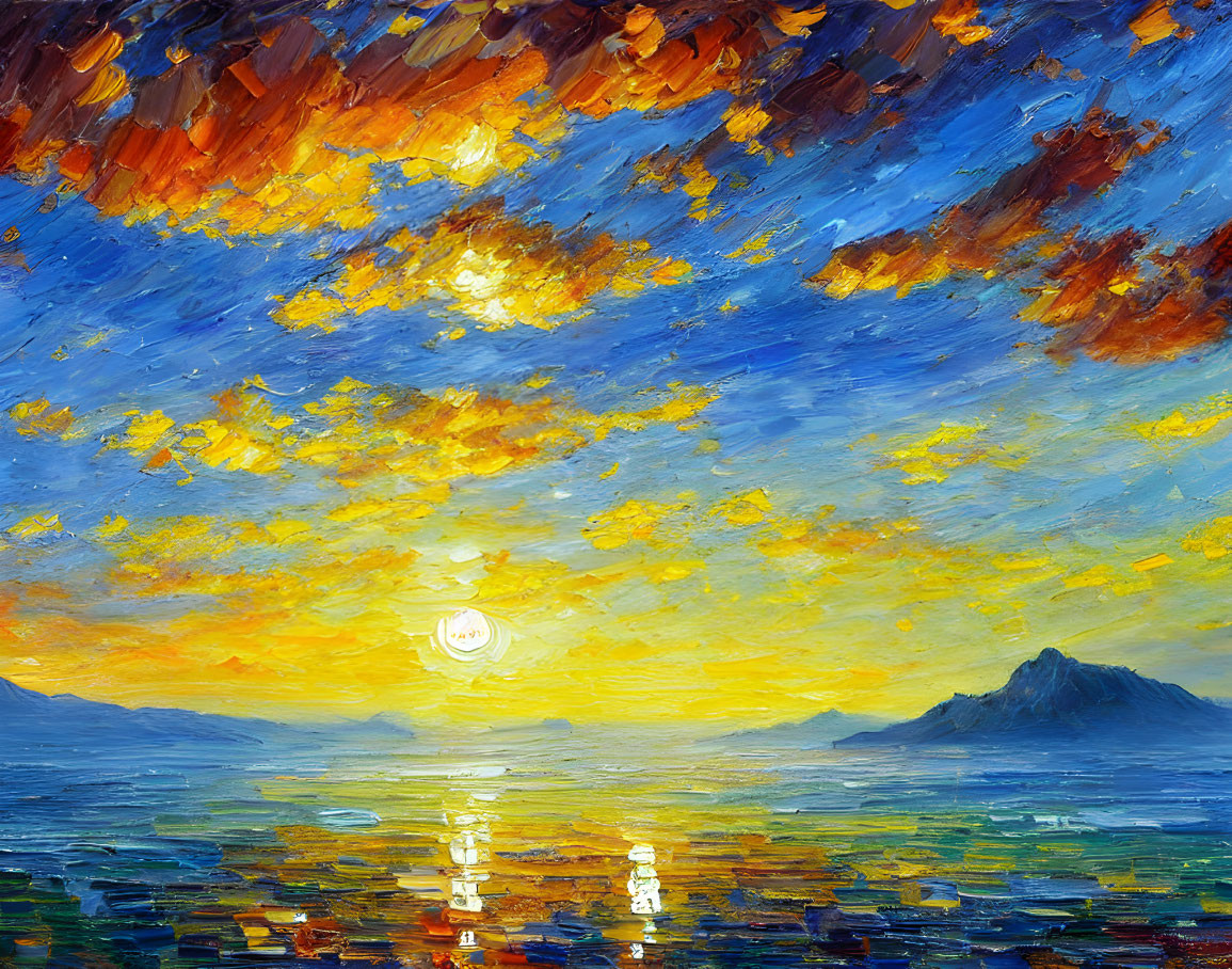 Vibrant sunset oil painting with radiant sun, ocean reflection, blue and orange clouds, distant mountain