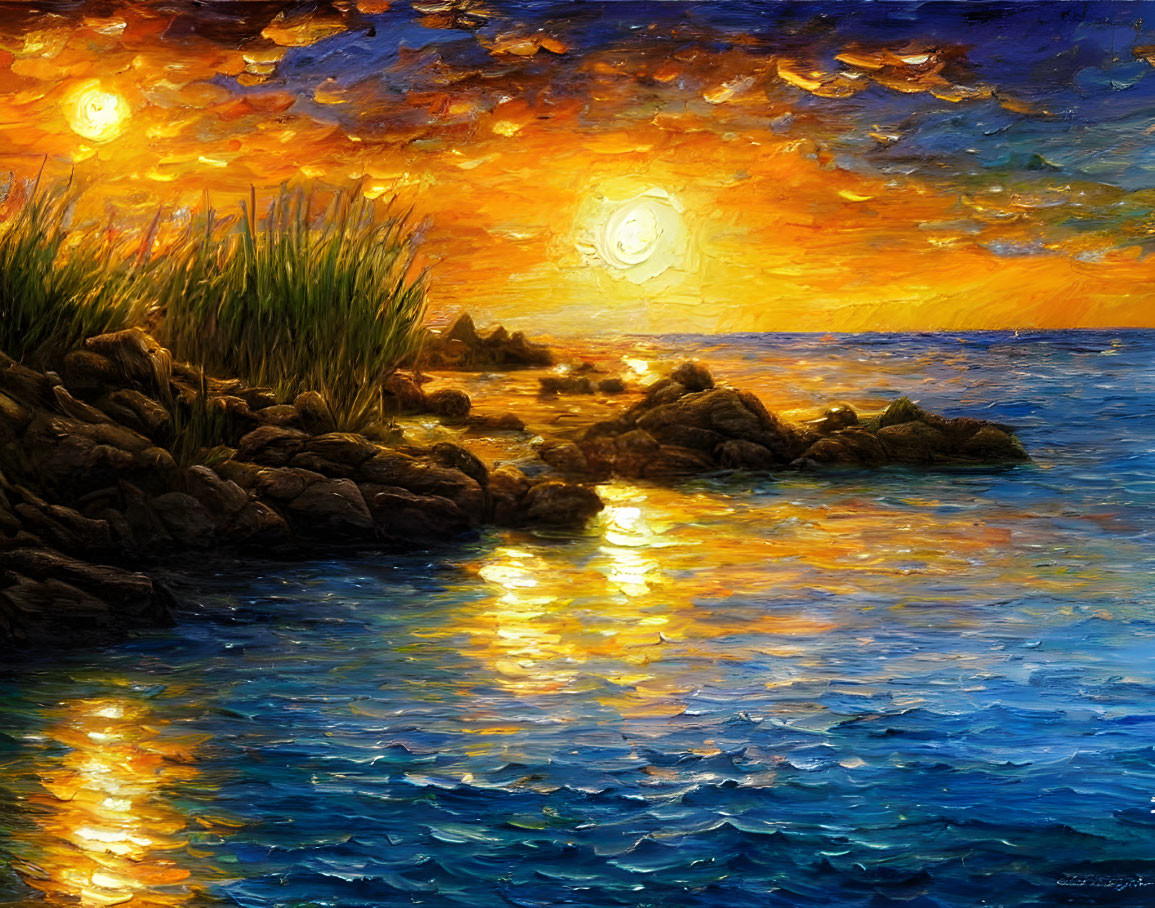 Sunset Impressionist Painting: Orange Clouds, Calm Sea, Rocks & Reeds