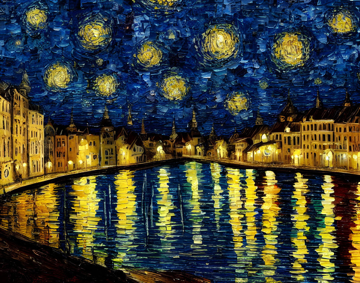 Starry Night Sky Painting Over European Cityscape