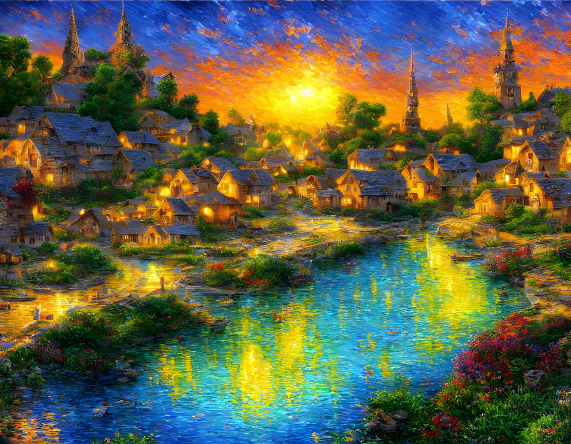 Fantasy village with quaint houses by a river at sunset