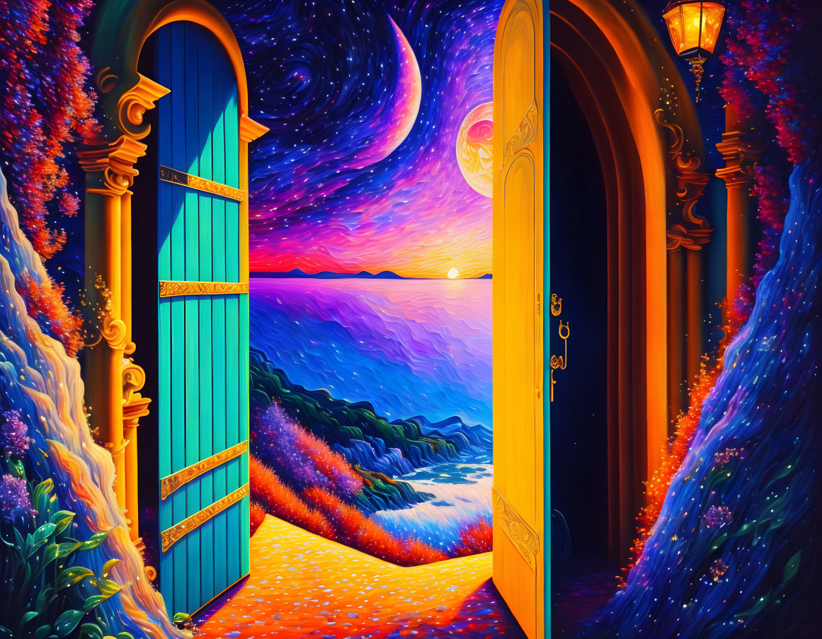 Colorful Artwork: Open Doors to Surreal Landscape with Starry Sky & Ocean Sunset