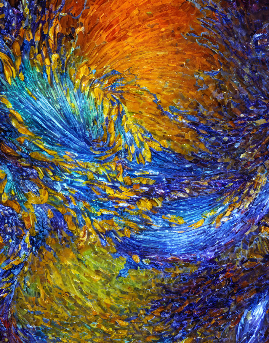 Colorful Abstract Painting with Swirling Blue, Orange, and Yellow Patterns