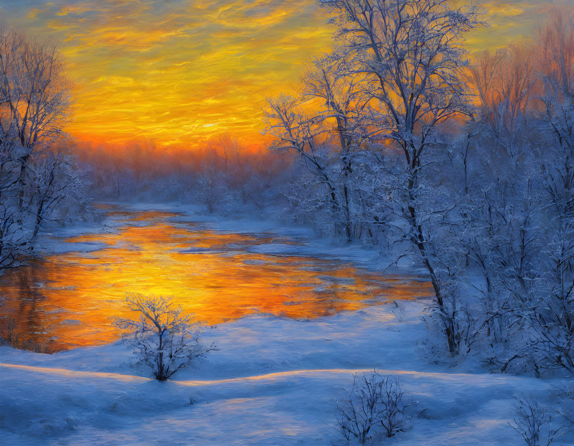 Fiery sunset hues on snow-covered river landscape