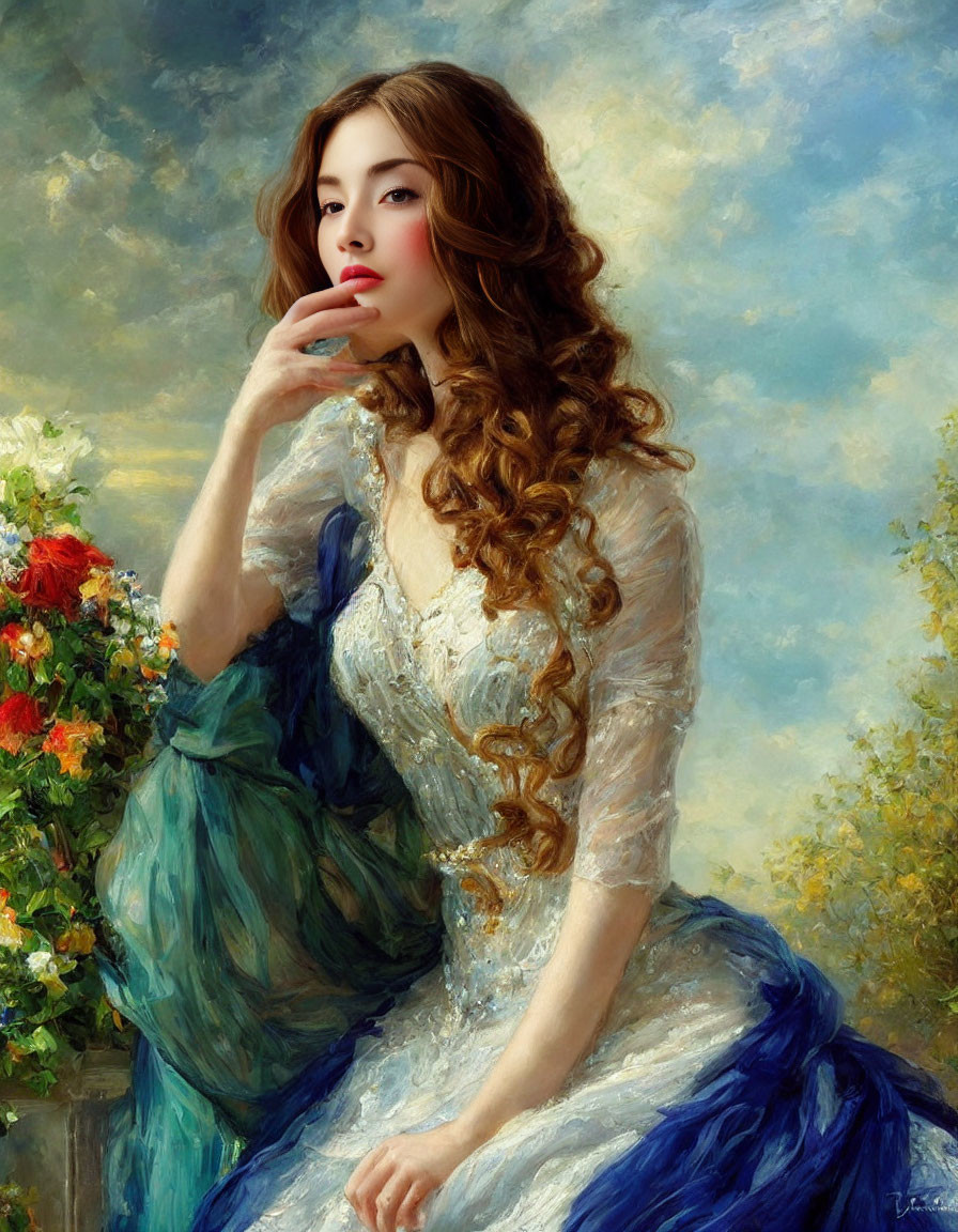 Portrait of Woman with Long Curly Hair in White and Blue Dress by Colorful Flowers