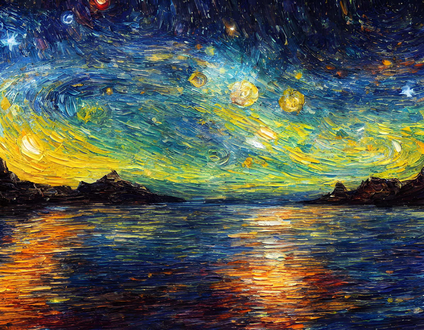 Interpretation of Starry Night: Swirling Blue and Yellow Sky