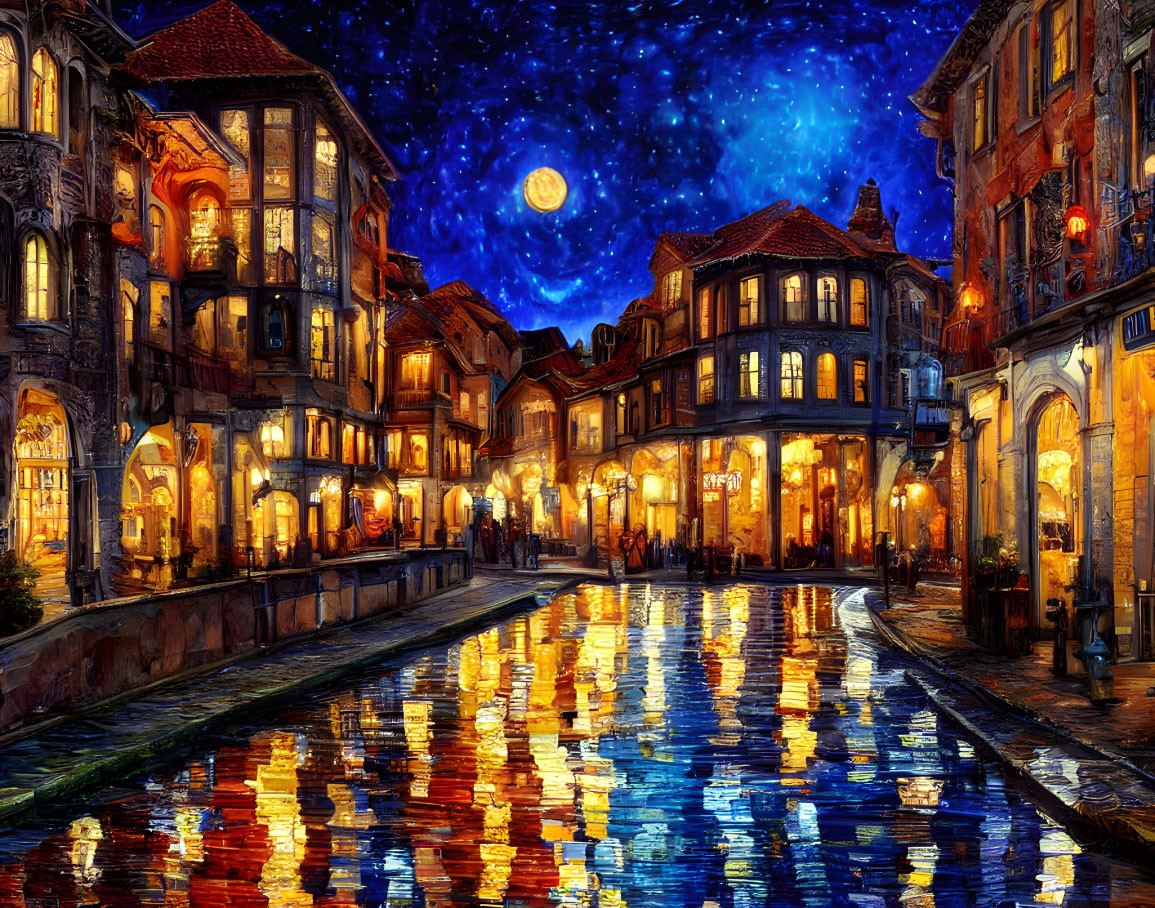 Historical town night painting with starry sky and canal reflection