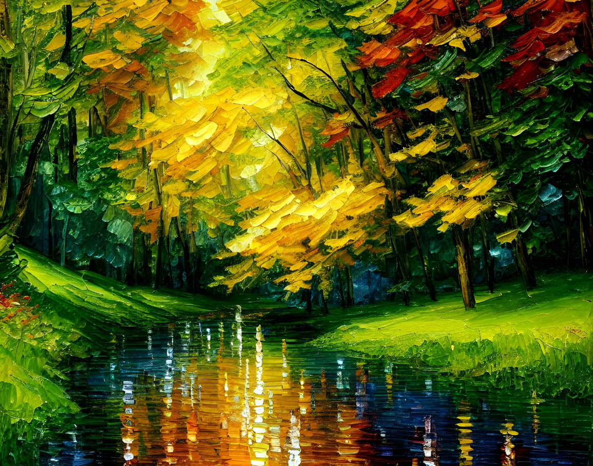 Impressionistic forest painting with autumn leaves and tranquil water