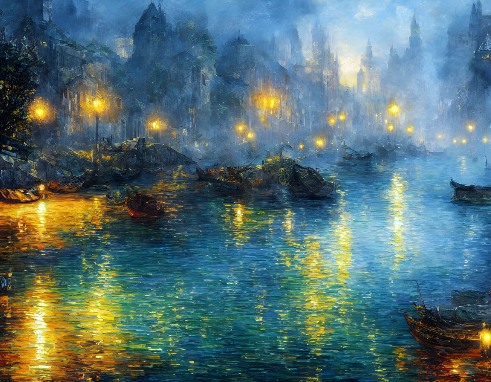 Impressionist-style painting of serene blue waterfront cityscape at dusk