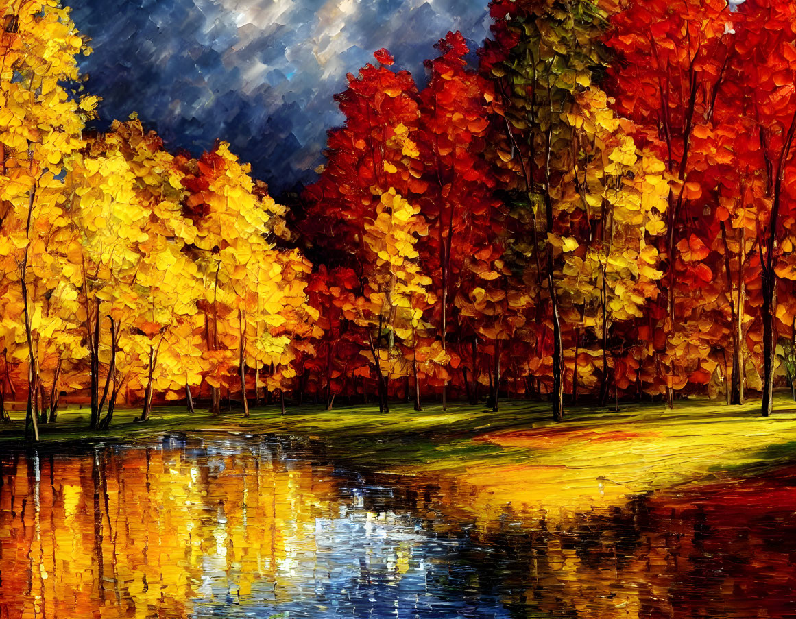 Vibrant red and golden autumnal forest reflected in tranquil water