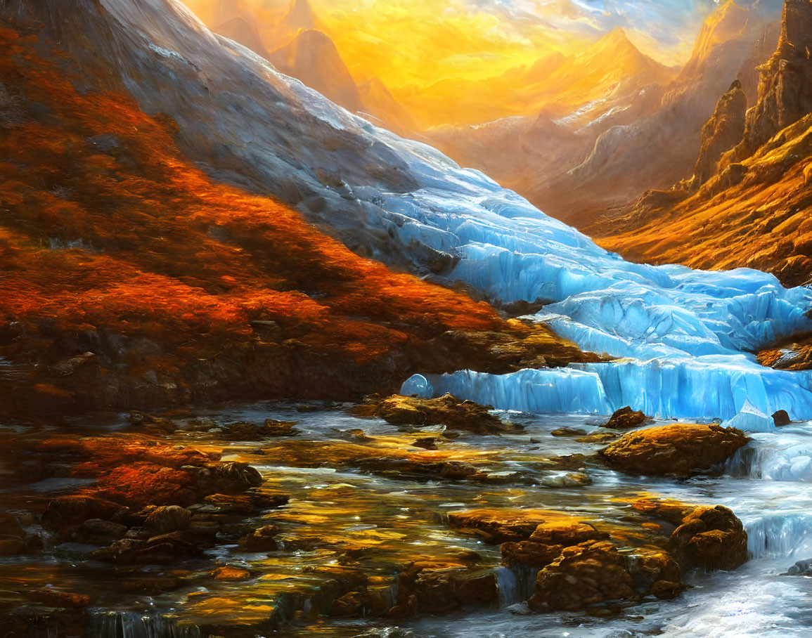 Glacier flowing into river with autumn foliage under golden sunset