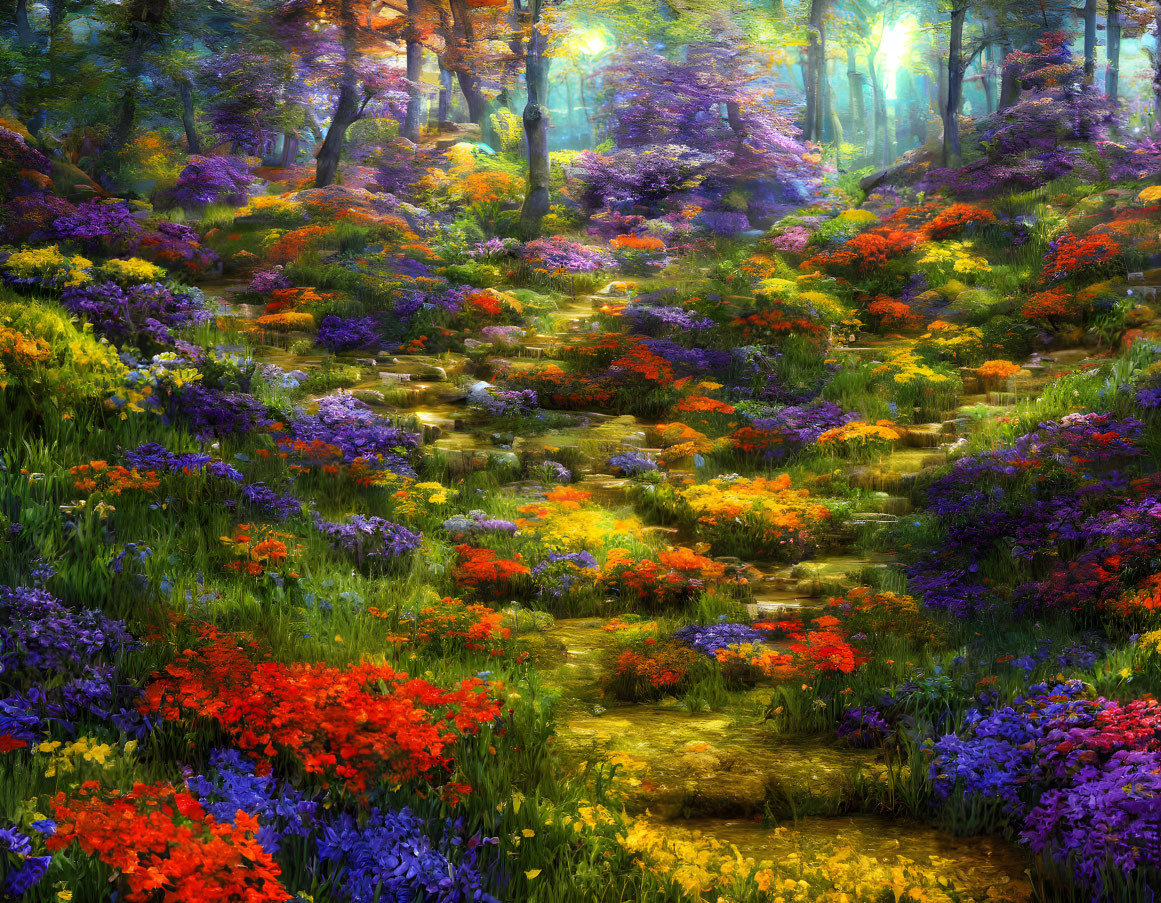 Colorful flowers on vibrant forest path under sun-dappled trees