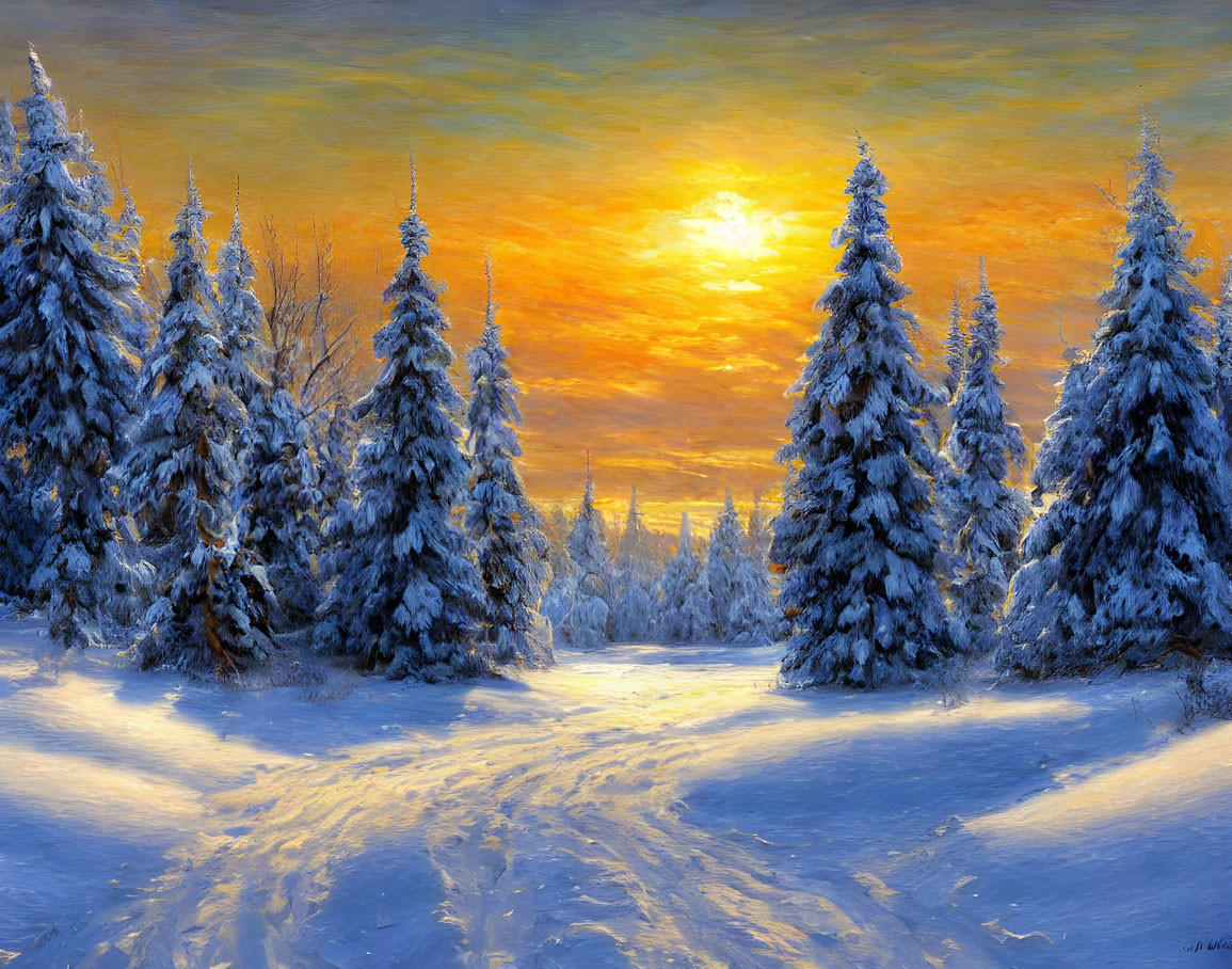 Winter landscape: Snow-covered pine trees under orange sunset sky.