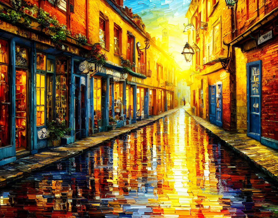 Colorful painting of quaint street with wet cobblestones and glowing streetlamps