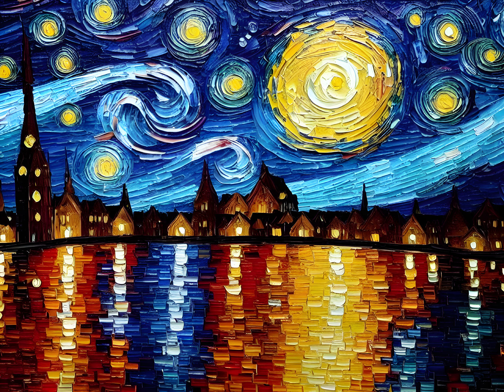 Vibrant textured painting: Starry night sky over quaint village