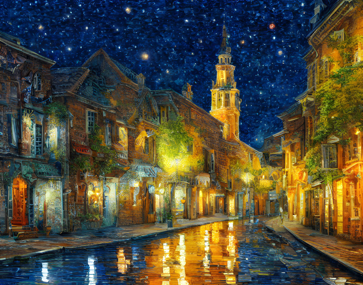 Starry Night Sky over Wet Cobblestone Street