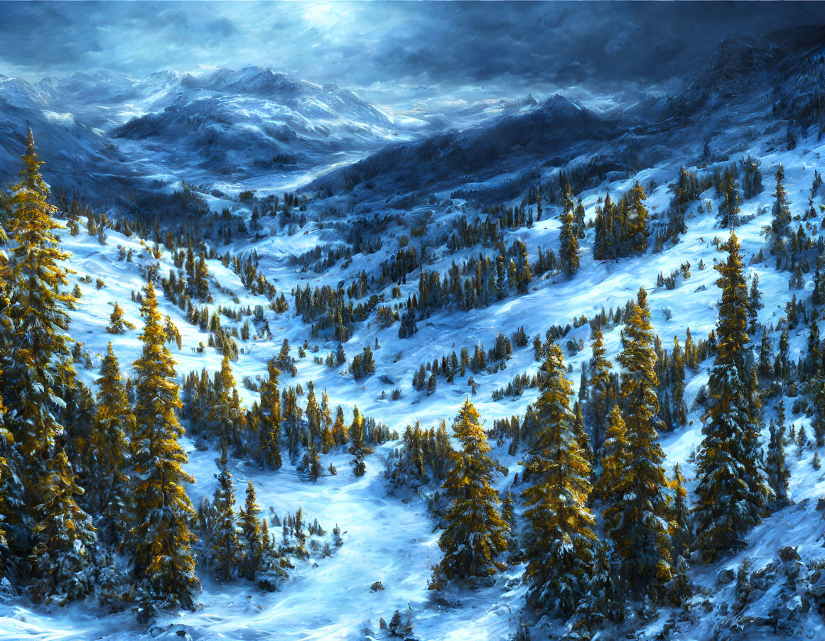 Snow-covered landscape with pine forests, cloudy sky, and distant mountains