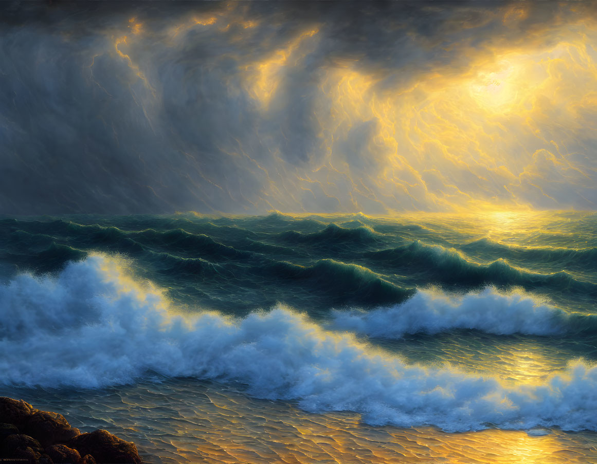 Dramatic seascape with sun piercing storm clouds over turbulent waves