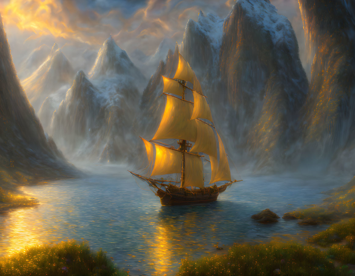 Sailboat with illuminated sails in foggy mountain scenery