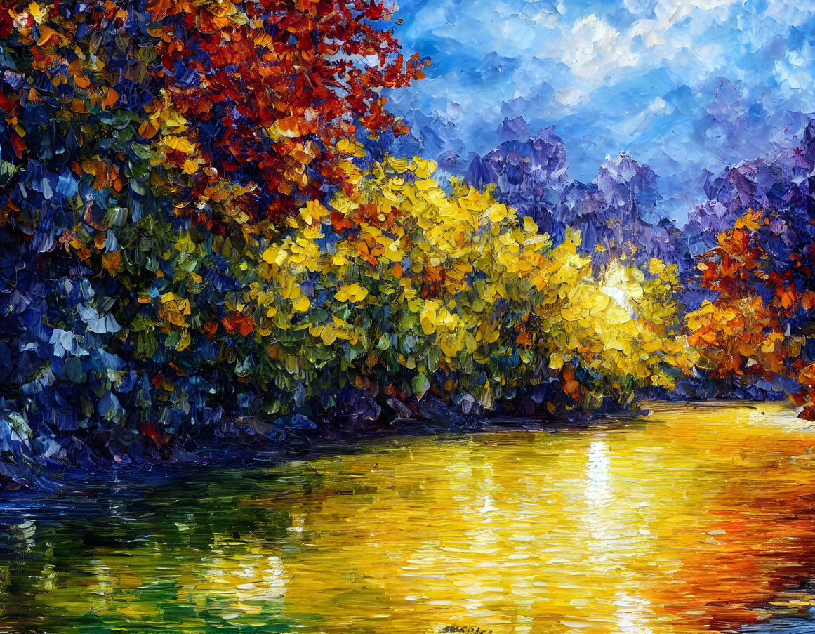 Colorful Autumn Forest Reflection in Tranquil River Under Sunlight