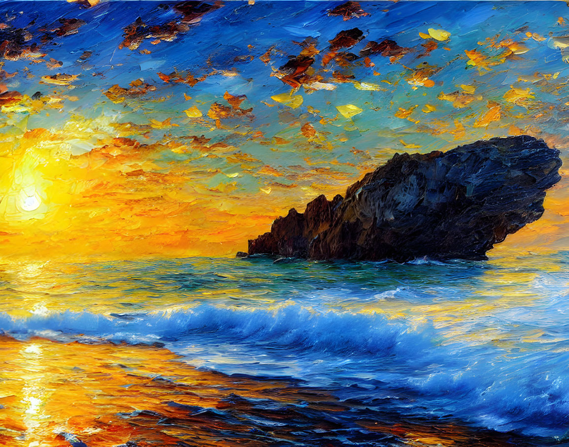 Sunset Seascape Painting: Vibrant Waves Crashing on Rocky Outcrop