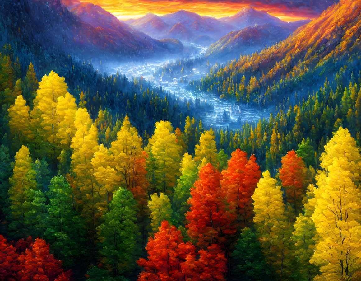 Colorful Autumn Valley Landscape with Sunlit Mountains