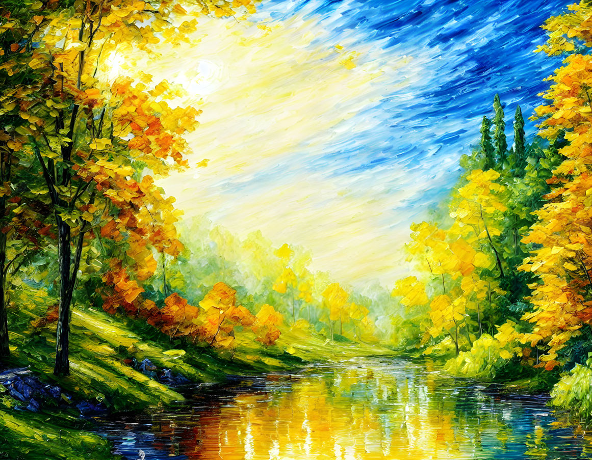 Serene river scene with autumn trees in vibrant oil painting