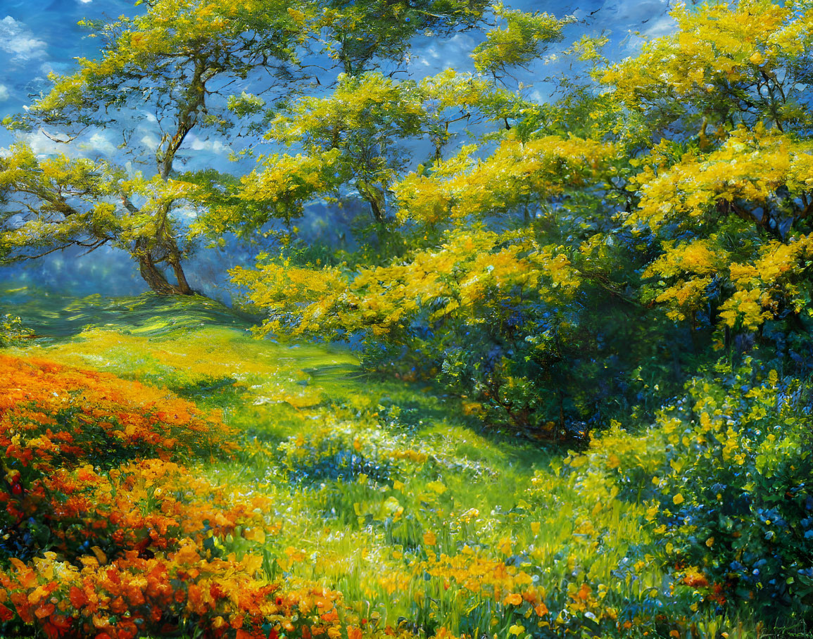 Colorful sunlit meadow with yellow flowers and green grass