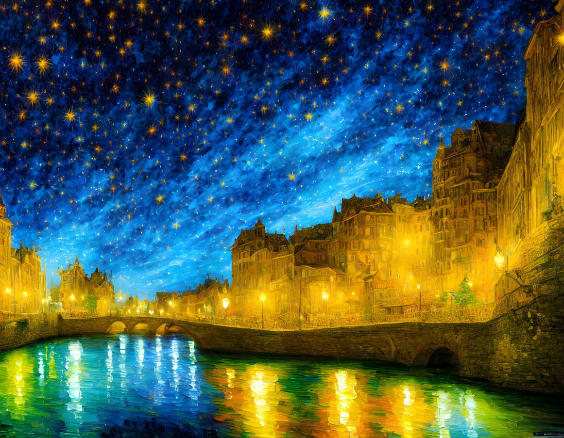 Starry Night Sky Over Riverside Cityscape