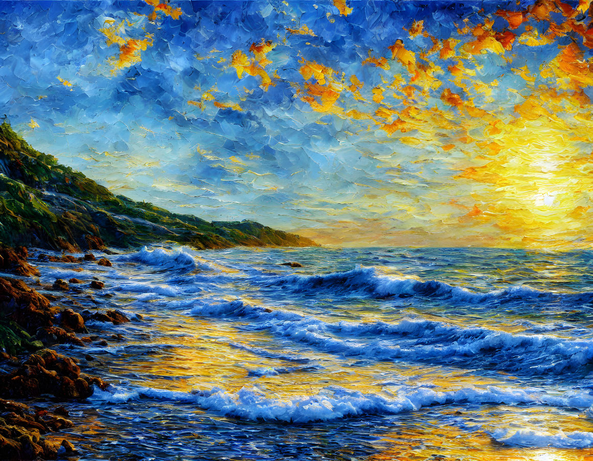 Vibrant seascape painting with luminous sunset and crashing waves