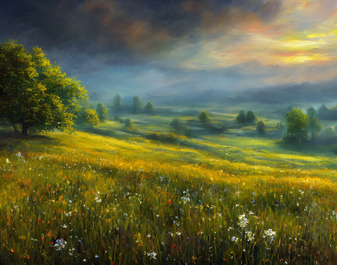 Vibrant wildflowers in lush meadow under dramatic sunrise sky