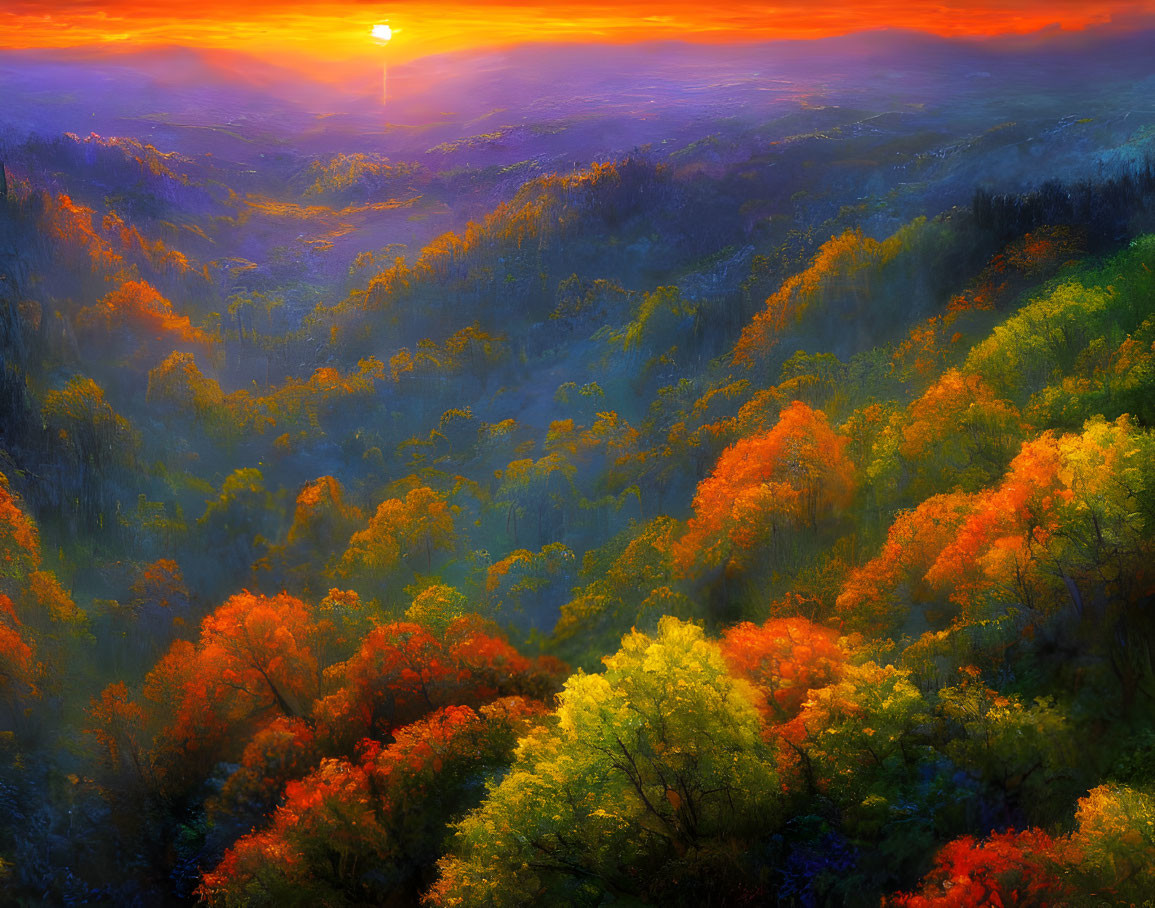 Colorful autumn sunset over valley with red, orange, and green foliage