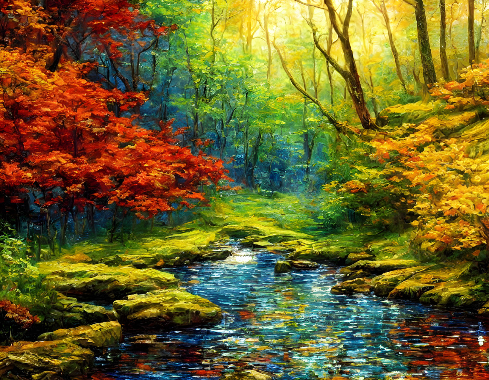 Colorful painting of serene forest with meandering stream