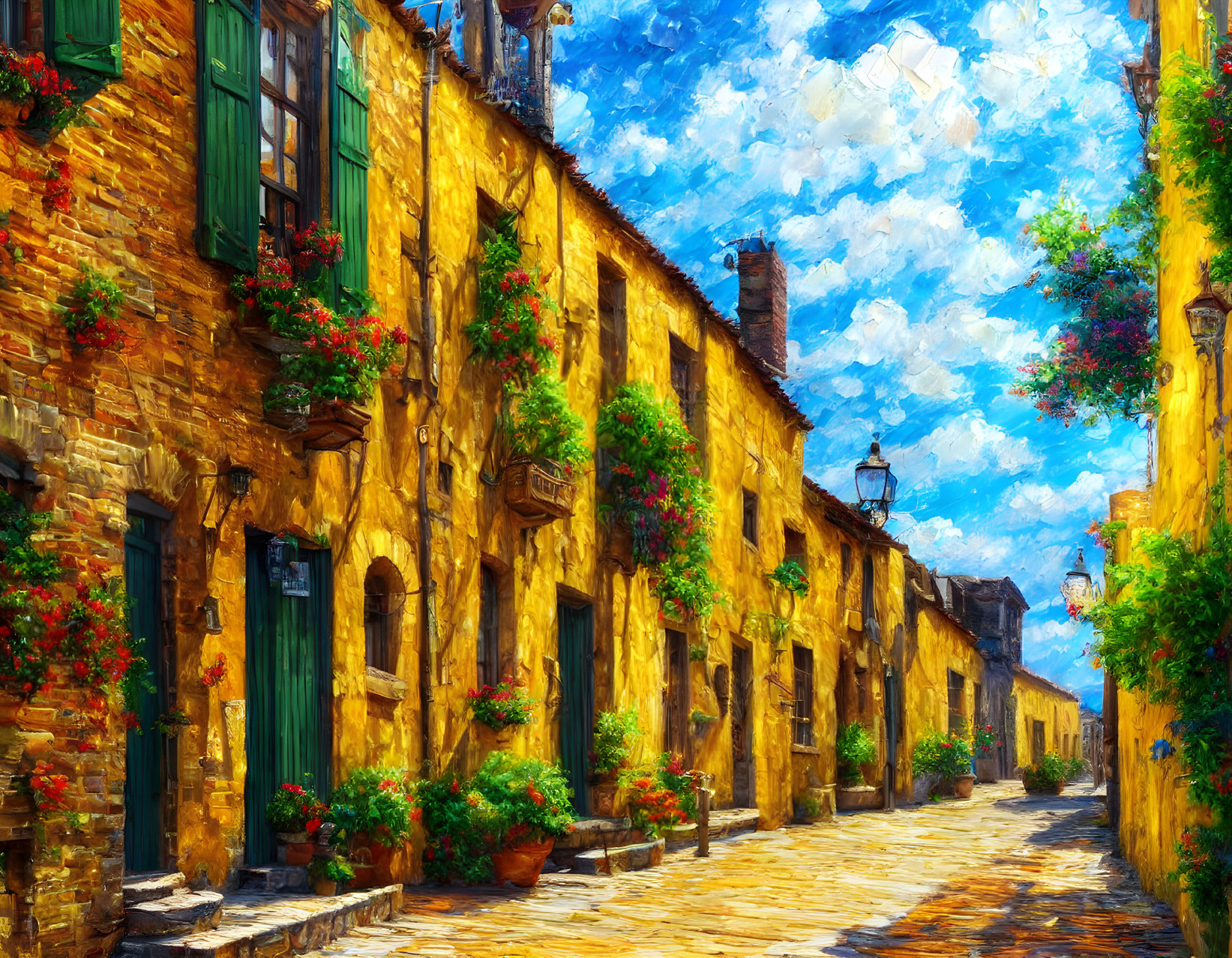 Colorful painting of cobblestone street with yellow buildings, greenery, and red flowers.