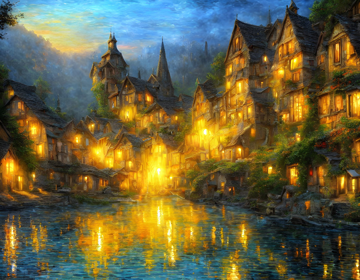 Enchanting village by calm river at dusk