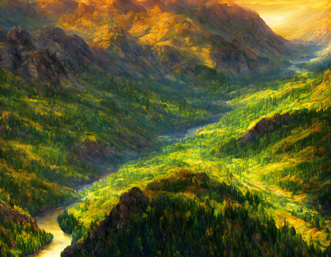 Scenic green valley with river, lit mountains at sunrise