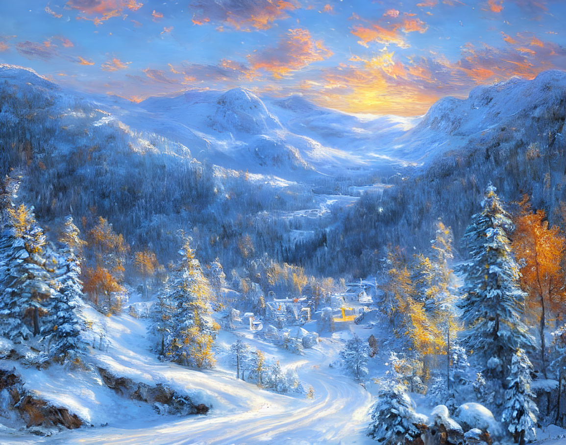 Snow-covered valley with winding road, houses, and mountains under vibrant sunset sky