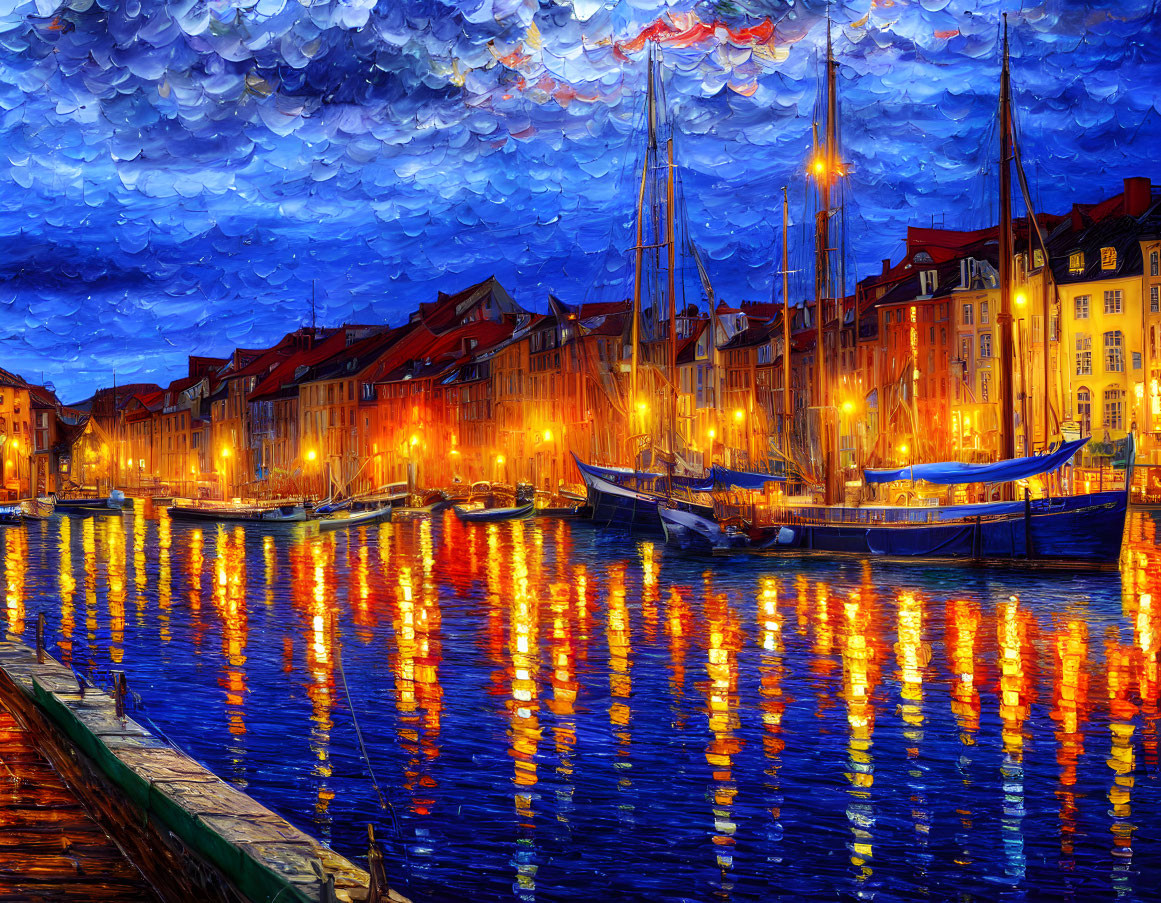 European Waterfront Twilight Scene with Colorful Buildings and Boats