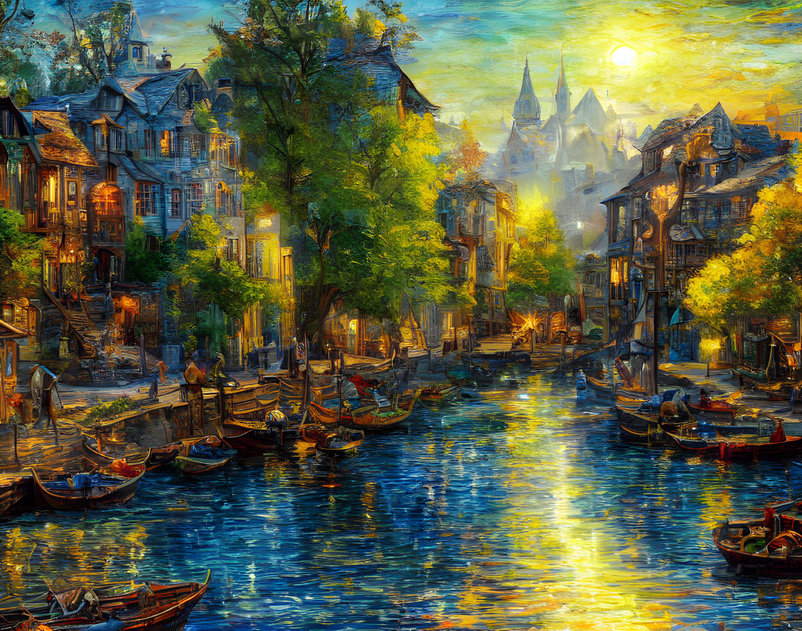 Impressionistic painting of old-world village at sunset