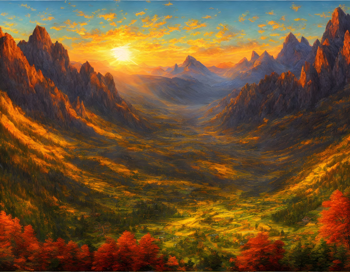 Majestic sunset over vibrant valley with mountains, autumn trees, village.