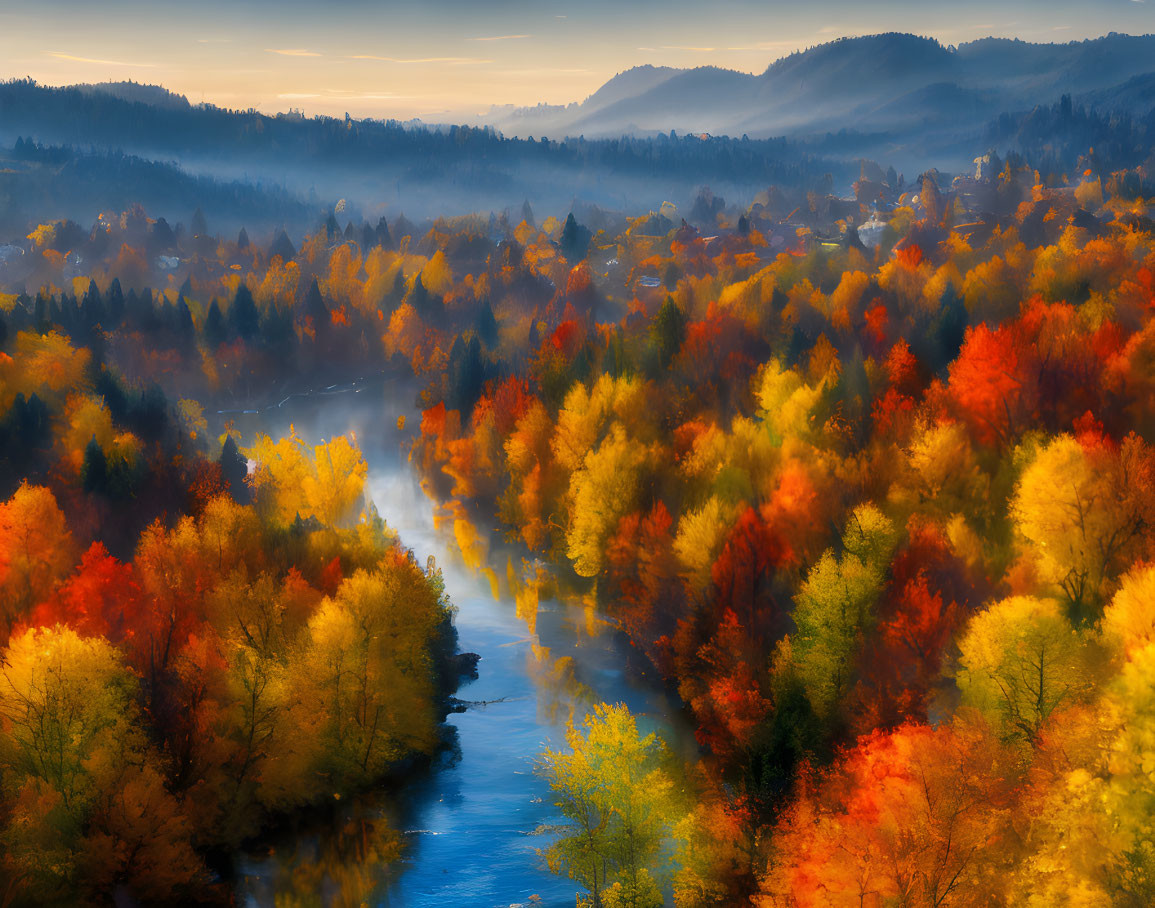 Tranquil autumn river scene with colorful foliage and sunrise glow