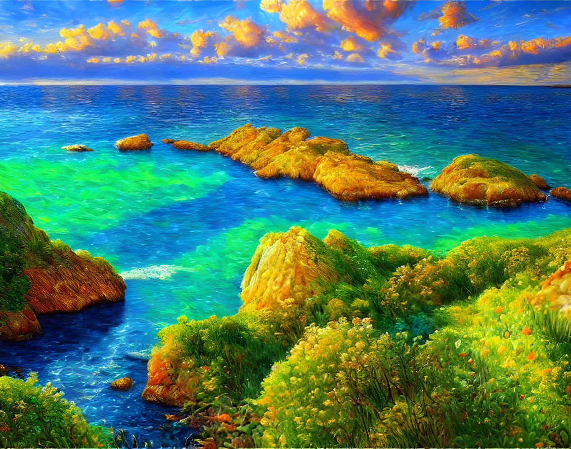 Scenic Coastal Landscape with Greenery, Rocks, and Blue Waters